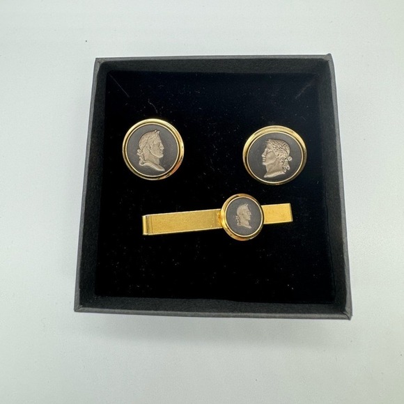 Wedgwood black Cameo Cufflinks Tie Clip Set Gold‎ Tone Mens Formal Gift for him